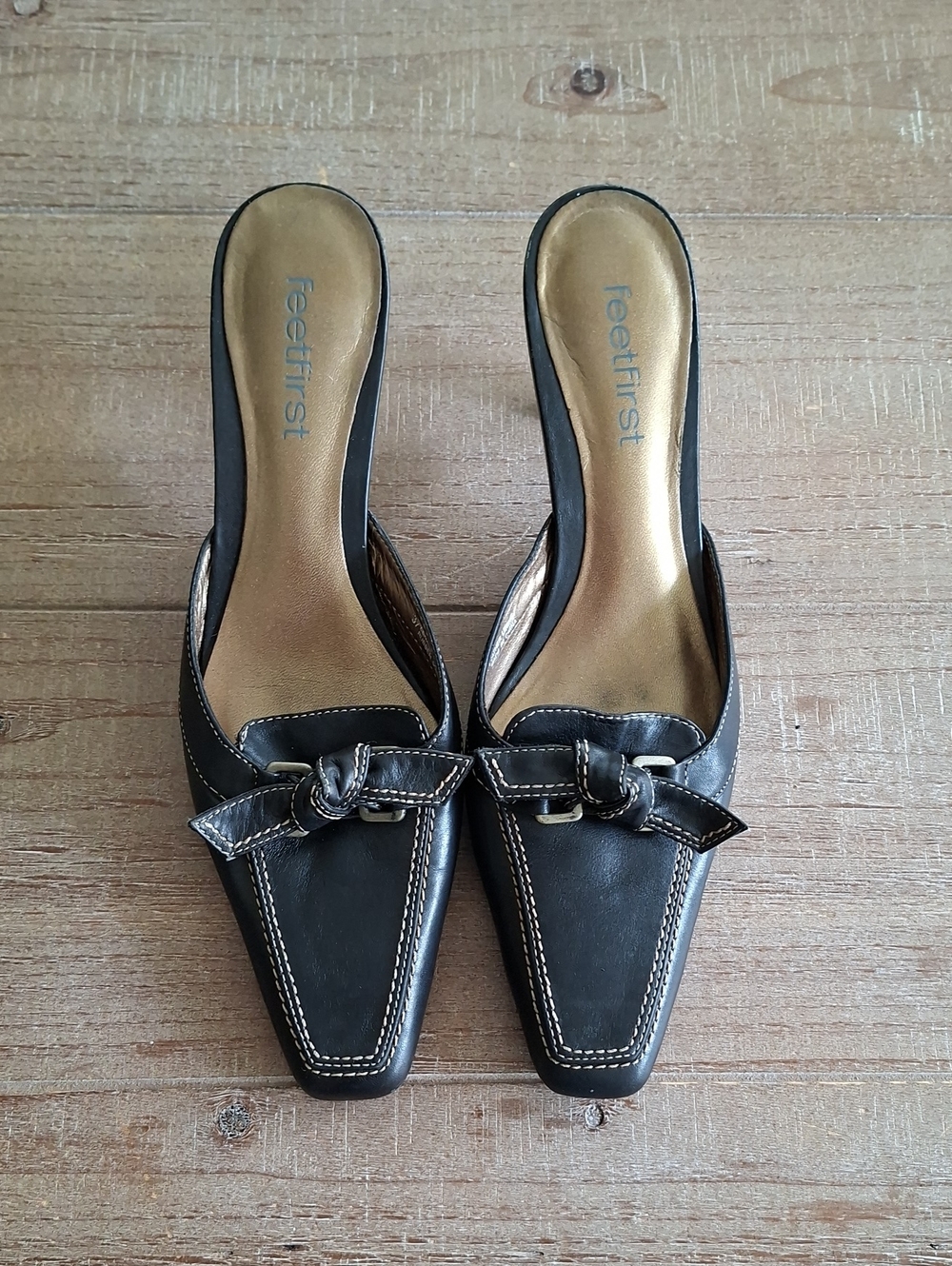 Vintage 90's/00's Black & Tan Leather Square-toe Bow-detail Mules (Size EU 37) - Picture 3 of 9